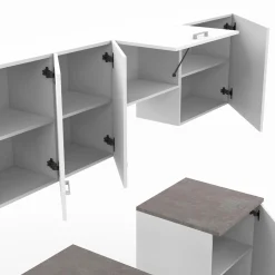 IDMarket Cuisine complète 240 cm avec plan de travail bois blanc et plateaux effet béton* Meubles Hauts|Meubles Bas