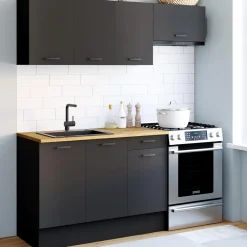 IDMarket Cuisine complète 180 cm avec plan de travail bois et noir* Meubles Hauts|Meubles Bas