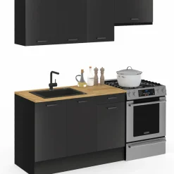 IDMarket Cuisine complète 180 cm avec plan de travail bois et noir* Meubles Hauts|Meubles Bas