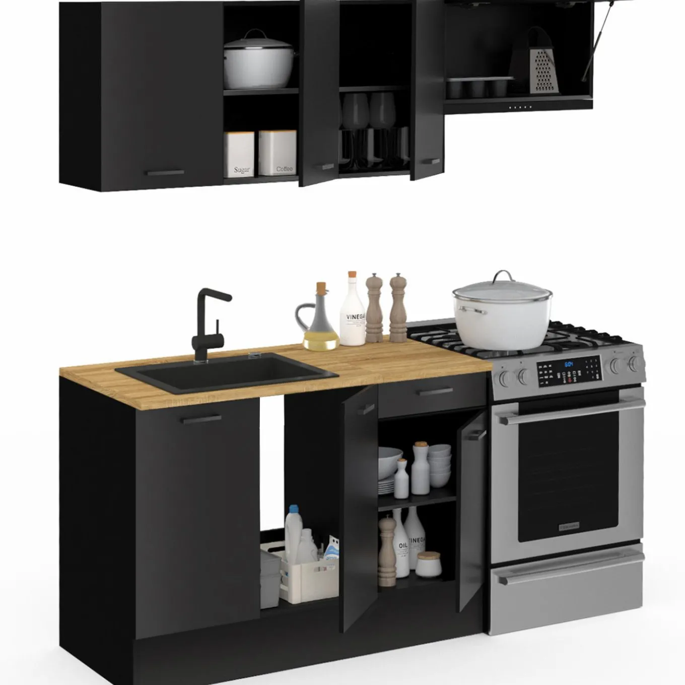 IDMarket Cuisine complète 180 cm avec plan de travail bois et noir* Meubles Hauts|Meubles Bas