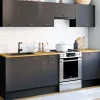 IDMarket Cuisine complète 240 cm avec plan de travail bois et noir* Meubles Hauts|Meubles Bas