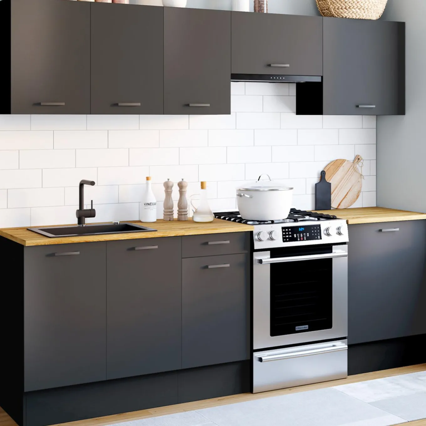 IDMarket Cuisine complète 240 cm avec plan de travail bois et noir* Meubles Hauts|Meubles Bas