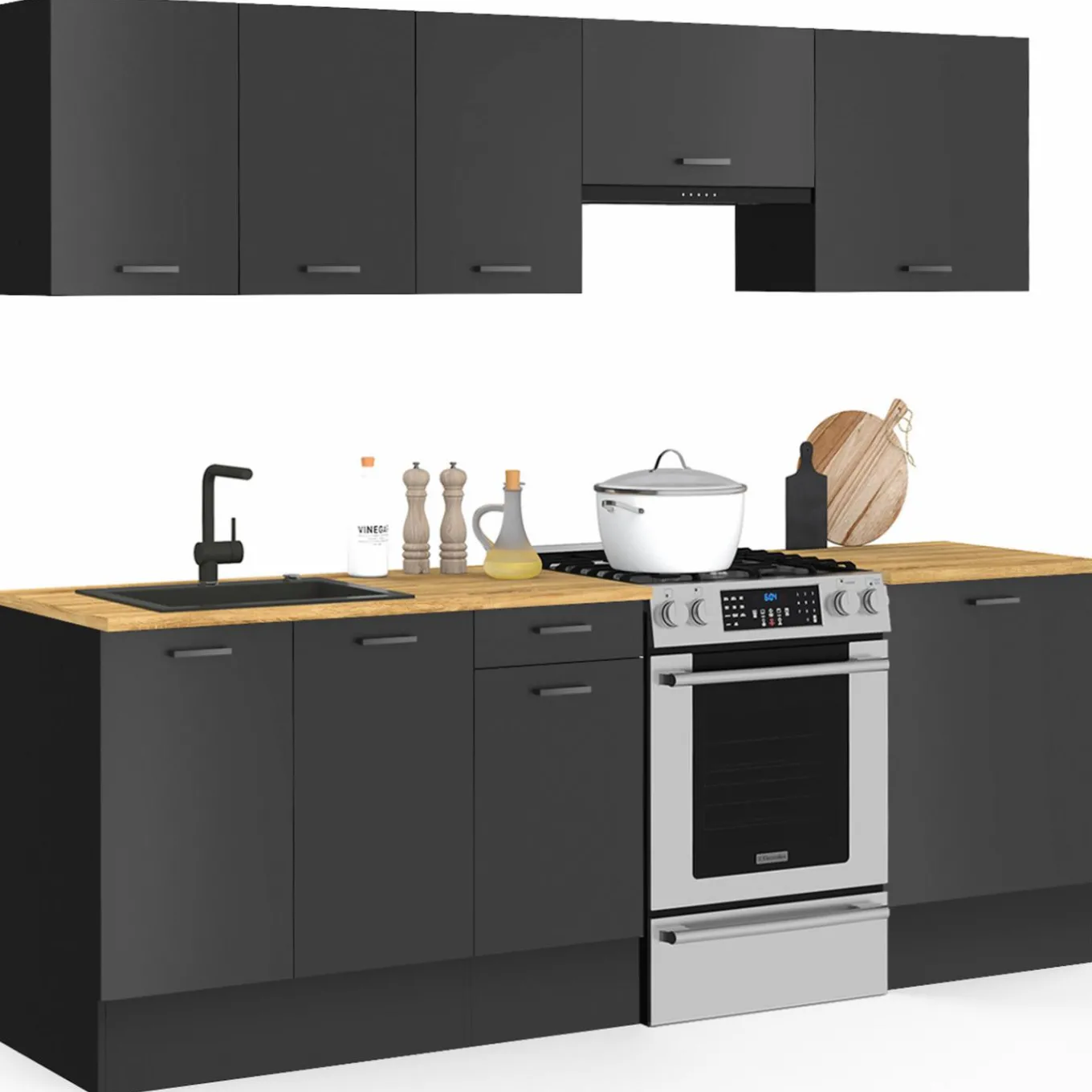 IDMarket Cuisine complète 240 cm avec plan de travail bois et noir* Meubles Hauts|Meubles Bas