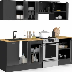 IDMarket Cuisine complète 240 cm avec plan de travail bois et noir* Meubles Hauts|Meubles Bas