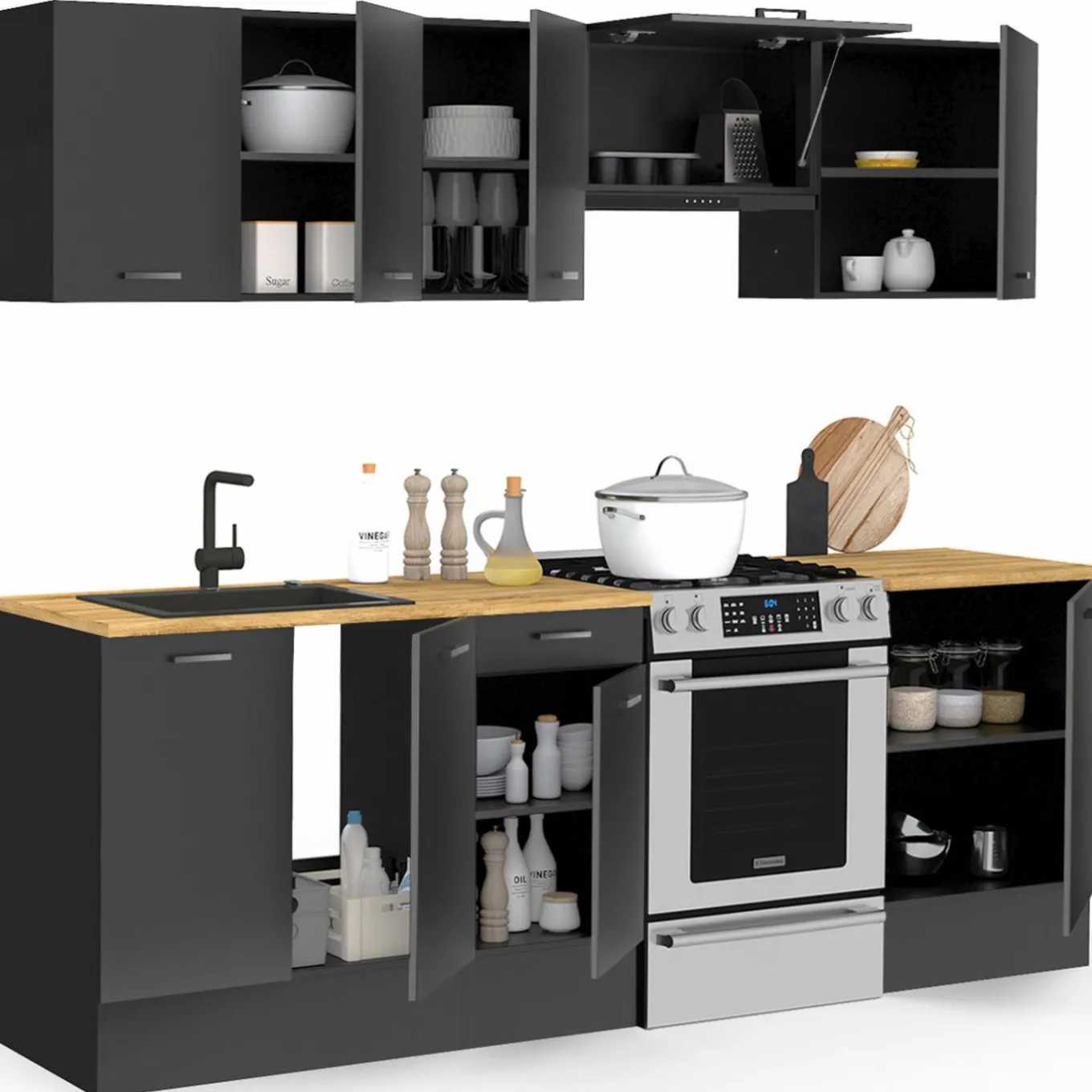 IDMarket Cuisine complète 240 cm avec plan de travail bois et noir* Meubles Hauts|Meubles Bas