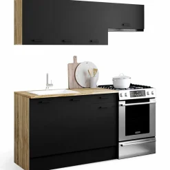 IDMarket Cuisine complète 180 cm avec plan de travail bois et noir* Meubles Hauts|Meubles Bas