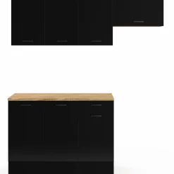 IDMarket Cuisine complète 180 cm avec plan de travail bois et noir* Meubles Hauts|Meubles Bas