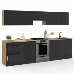 IDMarket Cuisine complète bois et noir avec casserolier et plan de travail 9 éléments* Cuisines Aménagées|Cuisine Complète