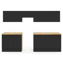 IDMarket Cuisine complète bois et noir avec casserolier et plan de travail 9 éléments* Cuisines Aménagées|Cuisine Complète