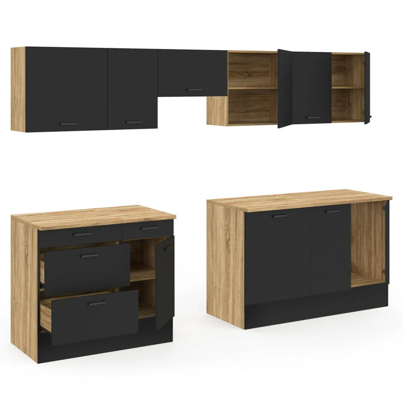 IDMarket Cuisine complète bois et noir avec casserolier et plan de travail 9 éléments* Cuisines Aménagées|Cuisine Complète