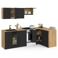 IDMarket Cuisine d'angle complète bois et noir 400 cm 7 éléments* Meubles Hauts|Meubles Bas