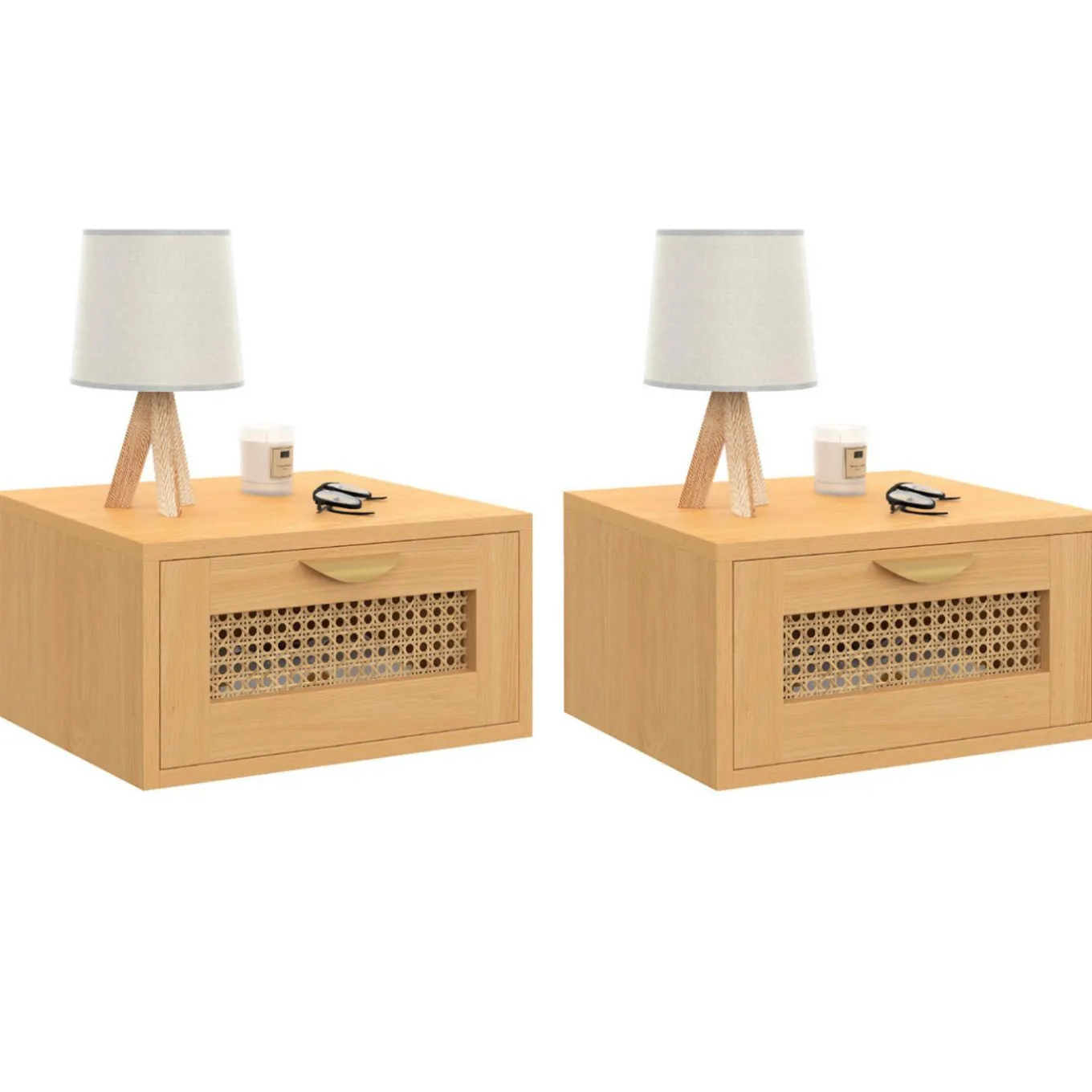 IDMarket de 2 tables de chevet murables 1 tiroir étagère suspendue cannage et bois* Collection Cannage|Chambre Complète Adulte