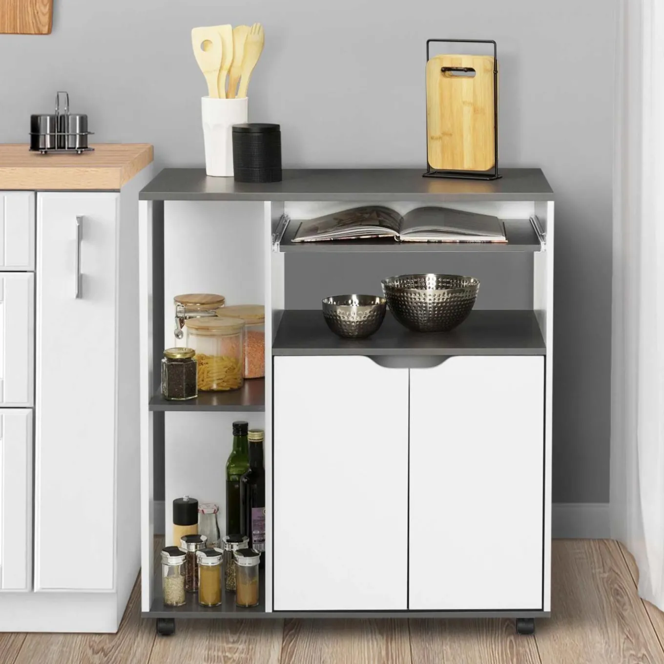 IDMarket Desserte à roulettes blanche et grise 76 cm* Petits Meubles|Meubles De Cuisine Avec Plan De Travail