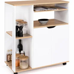 IDMarket Desserte à roulettes bois blanc et plateaux façon hêtre 76 cm* Petits Meubles|Meubles De Cuisine Avec Plan De Travail