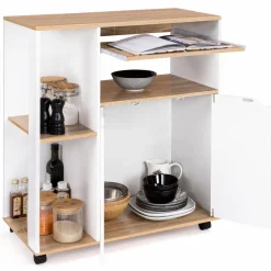 IDMarket Desserte à roulettes bois blanc et plateaux façon hêtre 76 cm* Petits Meubles|Meubles De Cuisine Avec Plan De Travail