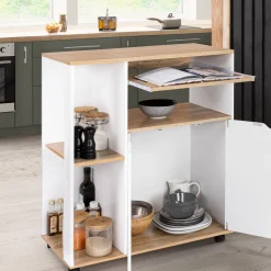 IDMarket Desserte à roulettes bois blanc et plateaux façon hêtre 76 cm* Petits Meubles|Meubles De Cuisine Avec Plan De Travail