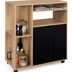 IDMarket Desserte à roulettes bois façon hêtre et portes noires 76 cm* Meubles De Cuisine Avec Plan De Travail|Buffets De Cuisine