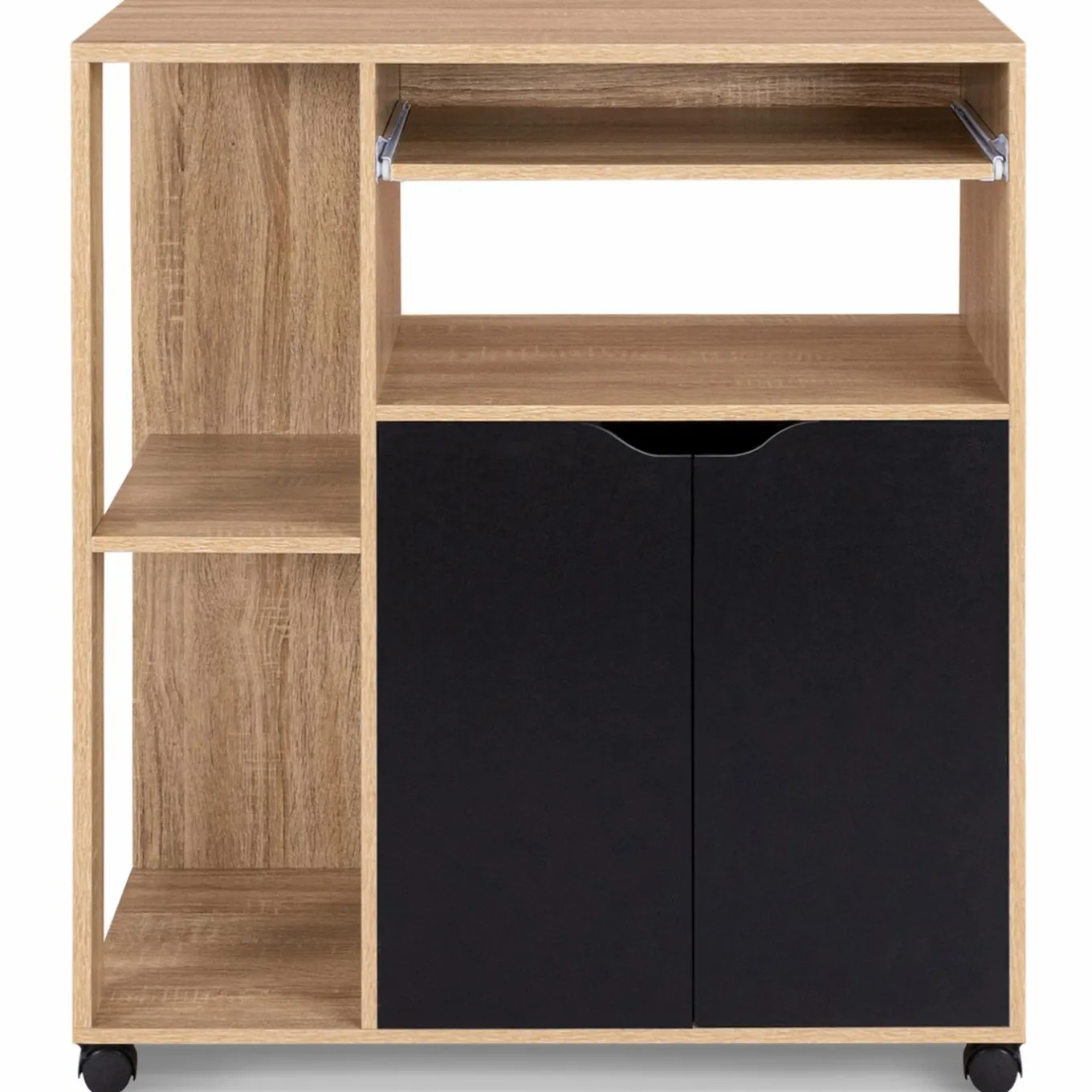 IDMarket Desserte à roulettes bois façon hêtre et portes noires 76 cm* Meubles De Cuisine Avec Plan De Travail|Buffets De Cuisine