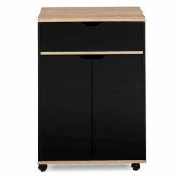 IDMarket Desserte à roulettes bois noir et plateaux façon hêtre 60 cm* Meubles Tiroirs|Meubles Bas