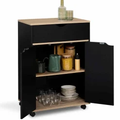IDMarket Desserte à roulettes bois noir et plateaux façon hêtre 60 cm* Meubles Tiroirs|Meubles Bas