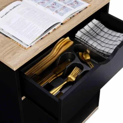 IDMarket Desserte à roulettes bois noir et plateaux façon hêtre 60 cm* Meubles Tiroirs|Meubles Bas