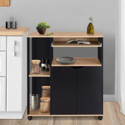 IDMarket Desserte à roulettes bois noir et plateaux façon hêtre 76 cm* Petits Meubles|Meubles De Cuisine Avec Plan De Travail