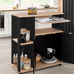 IDMarket Desserte à roulettes bois noir et plateaux façon hêtre 76 cm* Petits Meubles|Meubles De Cuisine Avec Plan De Travail