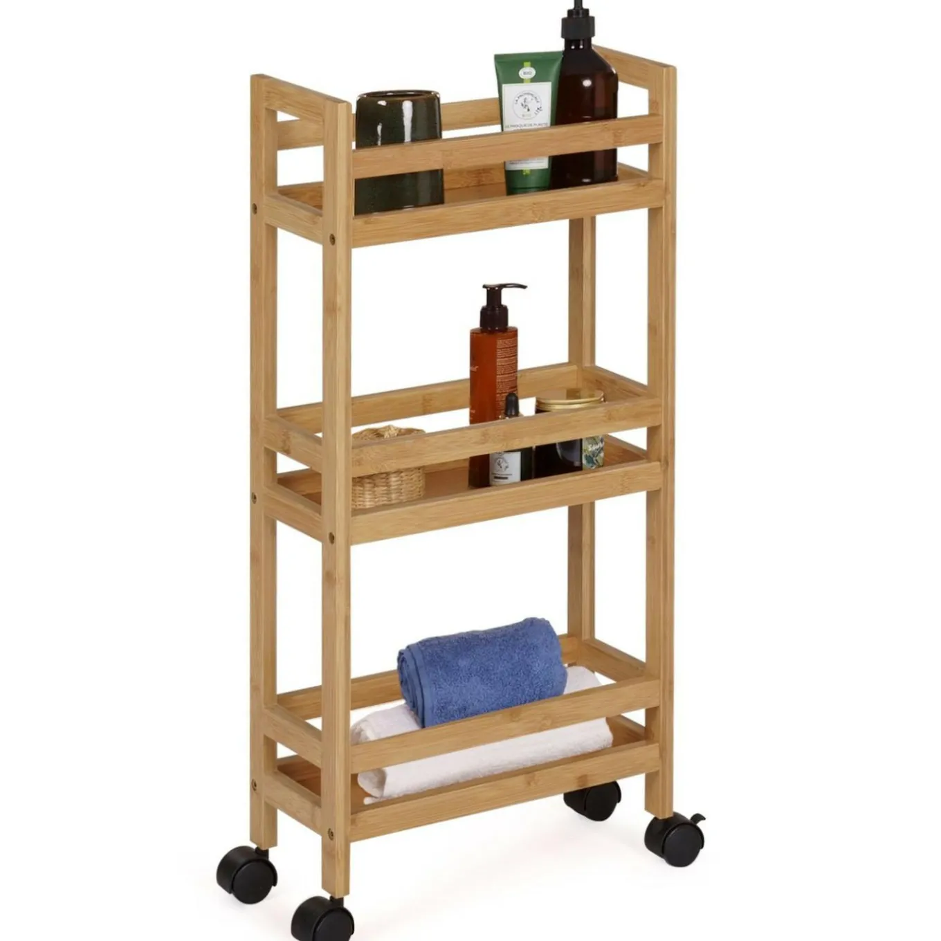 IDMarket Desserte bambou sur roulettes 3 niveaux* Collection Bambou|Meubles Salle De Bain