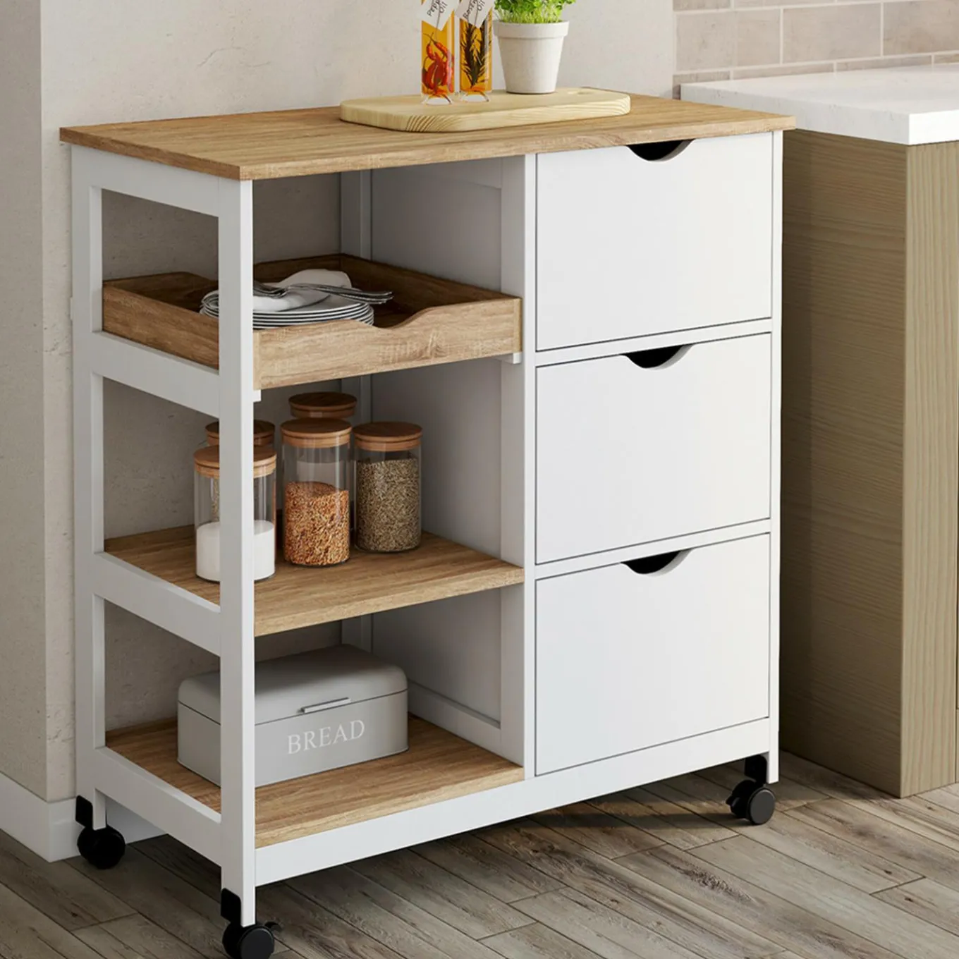 IDMarket Desserte de cuisine 3 paniers + 1 plateau amovibe blanc et effet hêtre L 76 cm* Meubles De Cuisine Avec Plan De Travail|Buffets De Cuisine