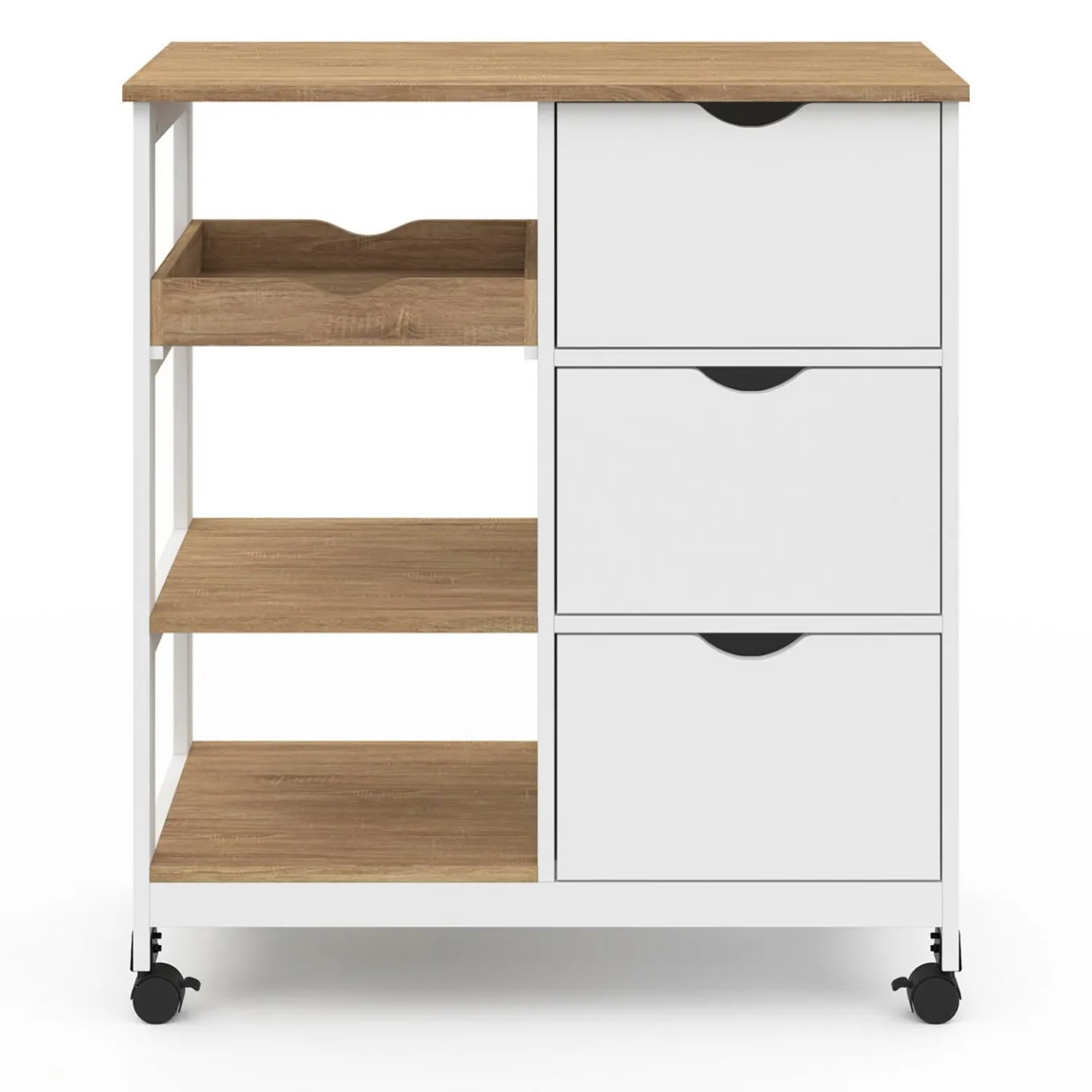 IDMarket Desserte de cuisine 3 paniers + 1 plateau amovibe blanc et effet hêtre L 76 cm* Meubles De Cuisine Avec Plan De Travail|Buffets De Cuisine