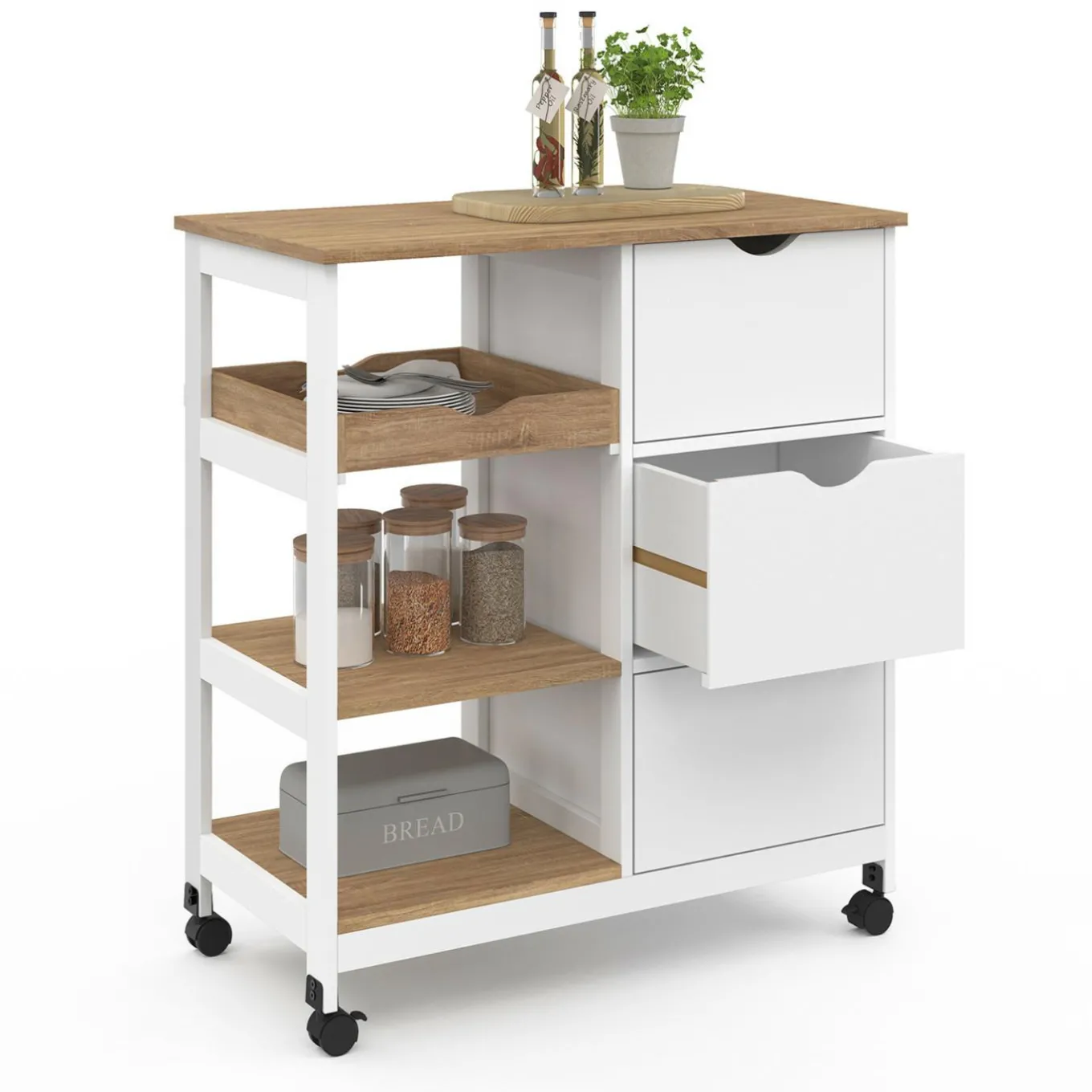 IDMarket Desserte de cuisine 3 paniers + 1 plateau amovibe blanc et effet hêtre L 76 cm* Meubles De Cuisine Avec Plan De Travail|Buffets De Cuisine