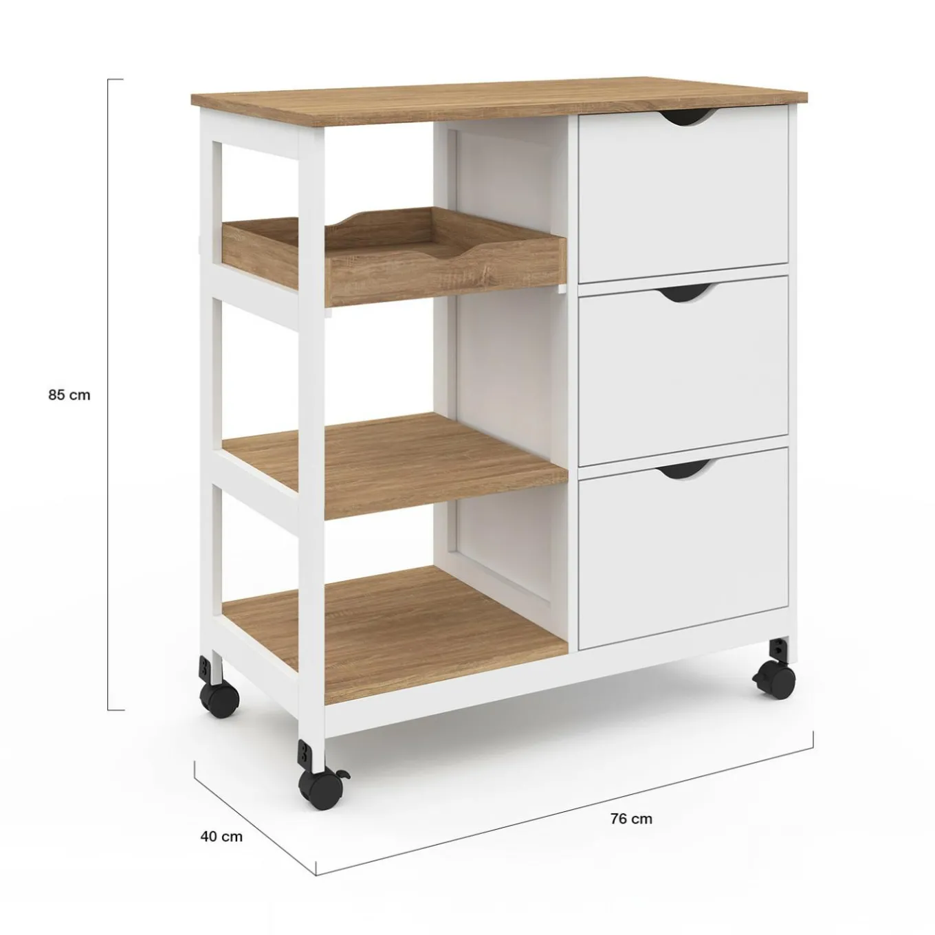 IDMarket Desserte de cuisine 3 paniers + 1 plateau amovibe blanc et effet hêtre L 76 cm* Meubles De Cuisine Avec Plan De Travail|Buffets De Cuisine