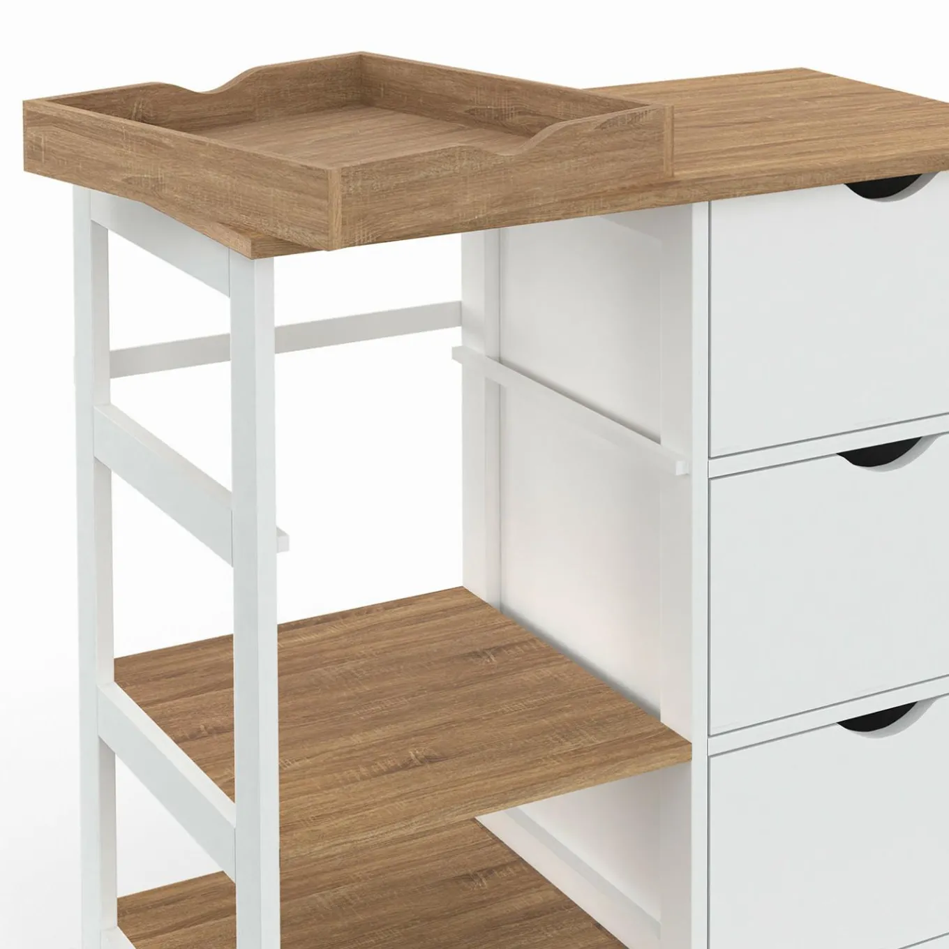 IDMarket Desserte de cuisine 3 paniers + 1 plateau amovibe blanc et effet hêtre L 76 cm* Meubles De Cuisine Avec Plan De Travail|Buffets De Cuisine