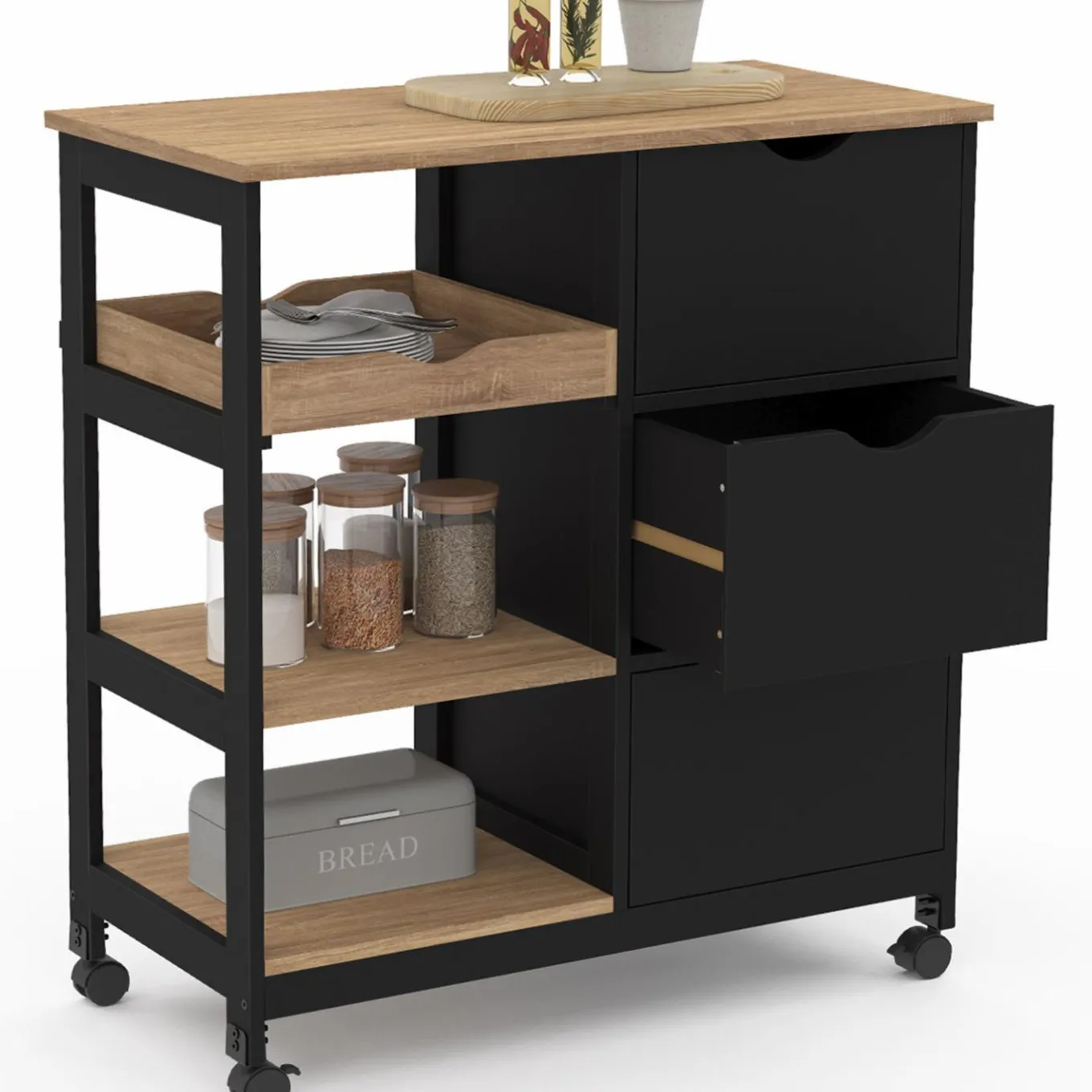 IDMarket Desserte de cuisine 3 paniers et 1 plateau amovible L.76 CM* Meubles De Cuisine Avec Plan De Travail|Buffets De Cuisine