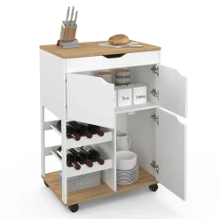 IDMarket Desserte de cuisine à roulettes avec rangements et range-bouteilles bois blanc* Petits Meubles|Meubles De Cuisine Avec Plan De Travail