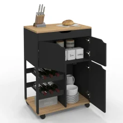 IDMarket Desserte de cuisine avec placards et range-bouteilles bois et noir* Petits Meubles|Meubles De Cuisine Avec Plan De Travail