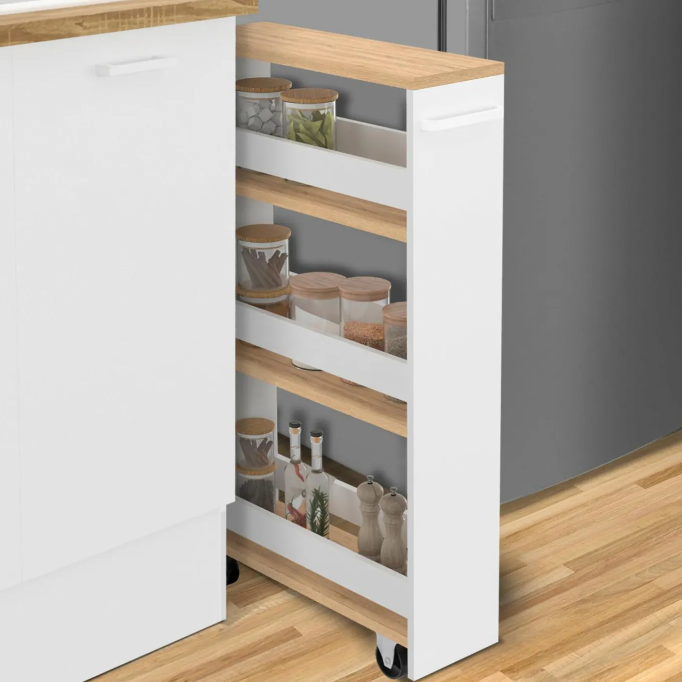 IDMarket Desserte de cuisine gain de place blanc et façon hêtre* Dessertes Et Éléments De Cuisine