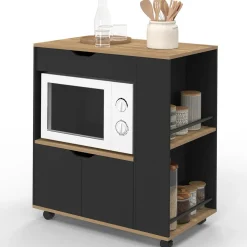 IDMarket Desserte micro-onde placard tiroir épices noir* Petits Meubles|Meubles De Cuisine Avec Plan De Travail
