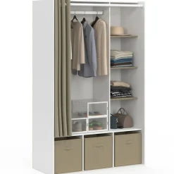 IDMarket Dressing blanc avec penderie rideau taupe + étagères + boites de rangement* Collection Design|Collection Contemporaine