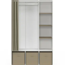 IDMarket Dressing blanc avec penderie rideau taupe + étagères + boites de rangement* Collection Design|Collection Contemporaine