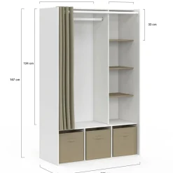 IDMarket Dressing blanc avec penderie rideau taupe + étagères + boites de rangement* Collection Design|Collection Contemporaine