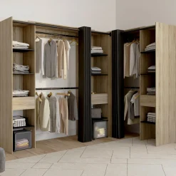 IDMarket Dressing d'angle extensible bois effet hêtre avec 4 penderies + 12 étagères + 3 tiroirs et rideaux noirs* Collection Design|Chambre Complète Adulte