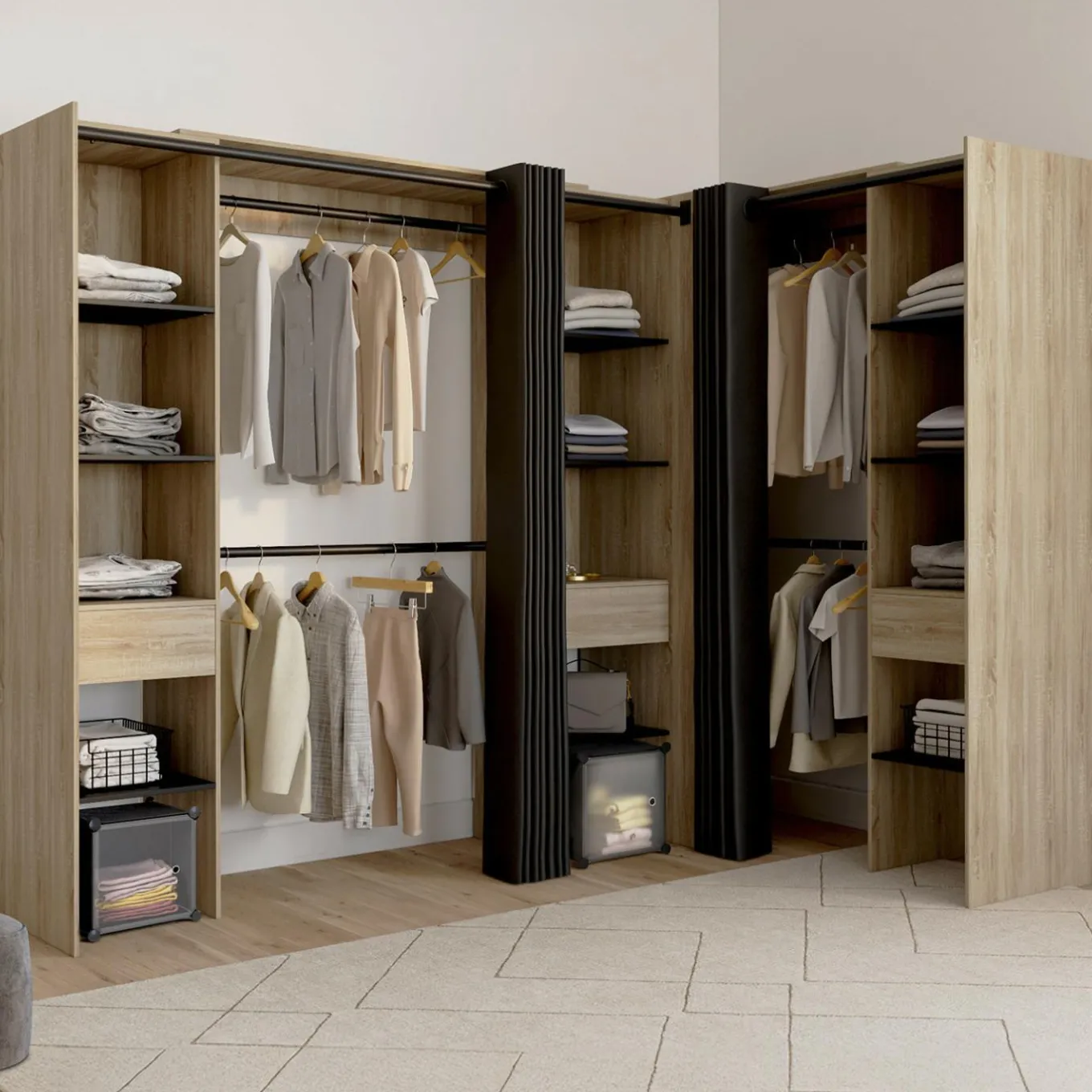 IDMarket Dressing d'angle extensible bois effet hêtre avec 4 penderies + 12 étagères + 3 tiroirs et rideaux noirs* Collection Design|Chambre Complète Adulte