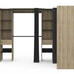 IDMarket Dressing d'angle extensible bois effet hêtre avec 4 penderies + 12 étagères + 3 tiroirs et rideaux noirs* Collection Design|Chambre Complète Adulte