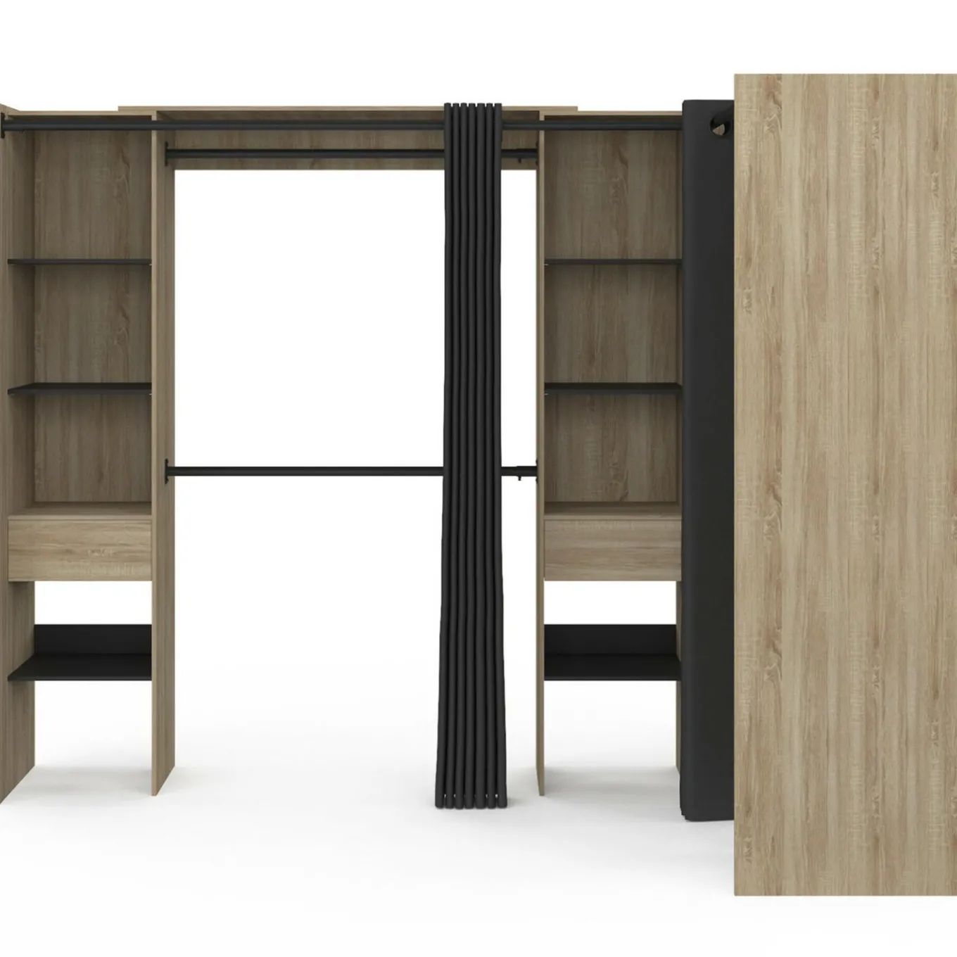 IDMarket Dressing d'angle extensible bois effet hêtre avec 4 penderies + 12 étagères + 3 tiroirs et rideaux noirs* Collection Design|Chambre Complète Adulte