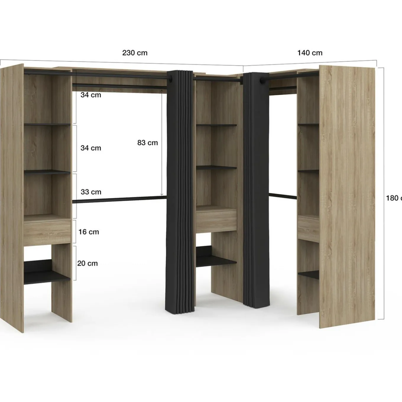 IDMarket Dressing d'angle extensible bois effet hêtre avec 4 penderies + 12 étagères + 3 tiroirs et rideaux noirs* Collection Design|Chambre Complète Adulte