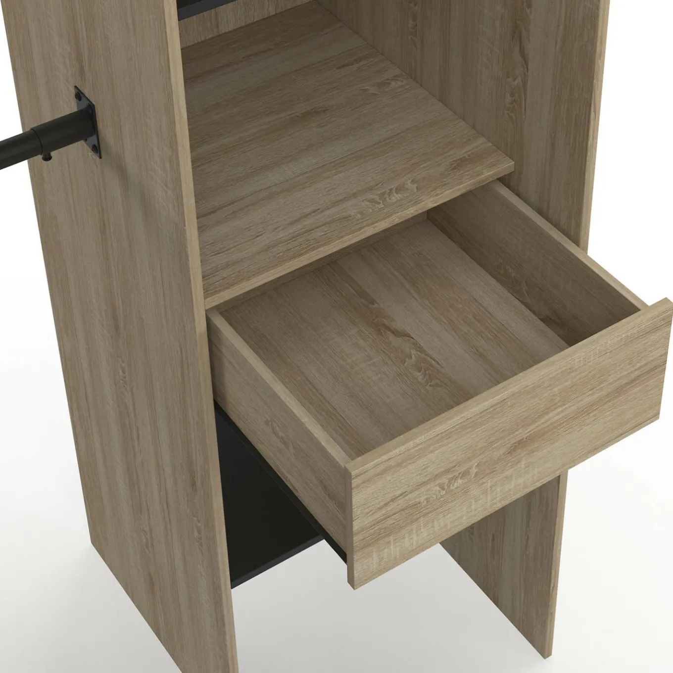 IDMarket Dressing d'angle extensible bois effet hêtre avec 4 penderies + 12 étagères + 3 tiroirs et rideaux noirs* Collection Design|Chambre Complète Adulte