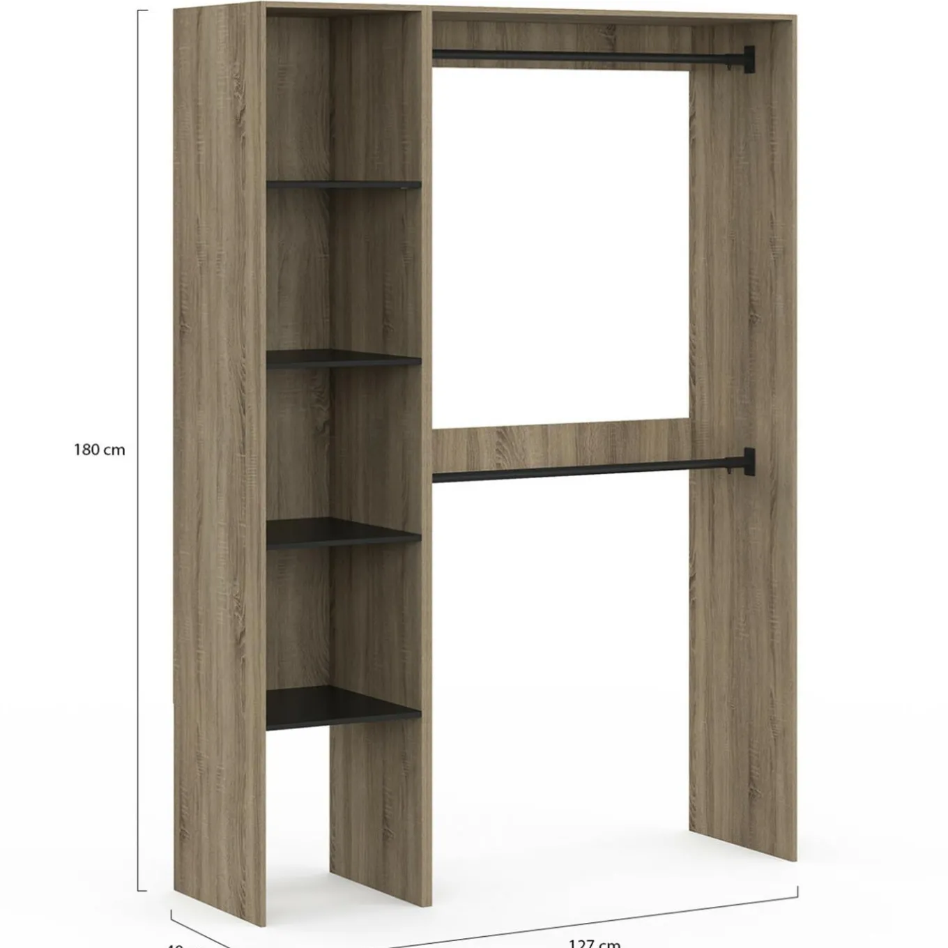 IDMarket Dressing d'angle modulable L. 90 / 127 cm double penderie + étagères bois et noir* Collection Agencement Magasin|Dressings Et Portants Vêtements
