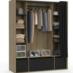 IDMarket Dressing double penderie coloris bois 8 étagères et rideaux noirs* Meubles Hauts|Meubles En Bois