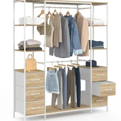 IDMarket Dressing double penderie + double colonne L. 140 cm avec 6 étagères et 6 bacs en tissu bois et blanc* Dressings Et Portants Vêtements